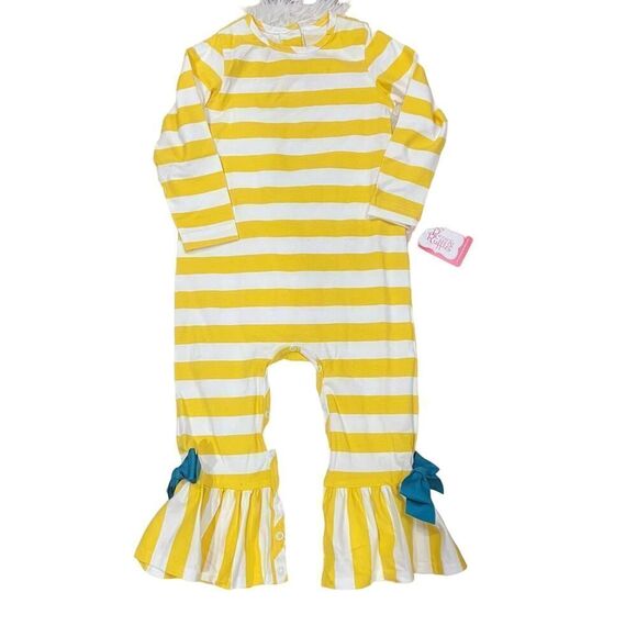 Ricrac & Ruffle girls yellow stripe long sleeve romper size 3T - Picture 1 of 7
